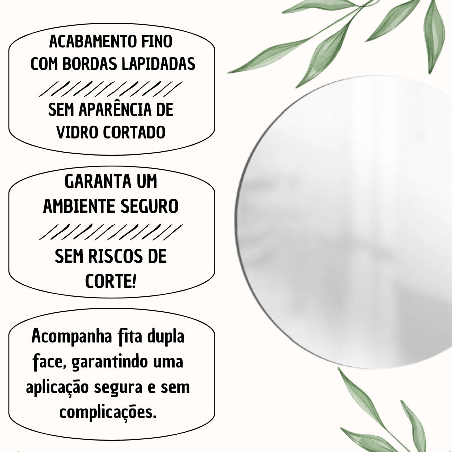 Espelho Redondo de Parede 40cm com Borda Lapidada – Ideal para Banheiro, Fácil Instalação e Acabamento Seguro