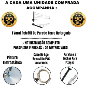 Varal Retrátil Dobrável de Parede em Ferro Reforçado – Cor Preta com Kit de Instalação Incluso e Suporte até 50kg