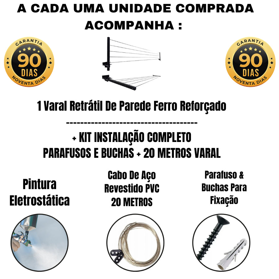 Varal Retrátil de Parede Dobrável em Ferro Reforçado – Com Kit de Instalação Completo e Envio Imediato