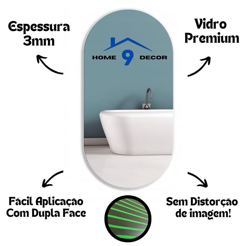 Espelho Oval Adesivo de Parede 80x50cm – Design Moderno para Banheiro, Sala ou Quarto | Envio Imediato