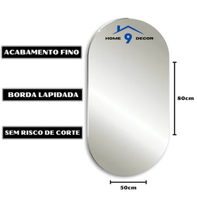 Espelho Oval Adesivo de Parede 80x50cm – Design Moderno para Banheiro, Sala ou Quarto | Envio Imediato