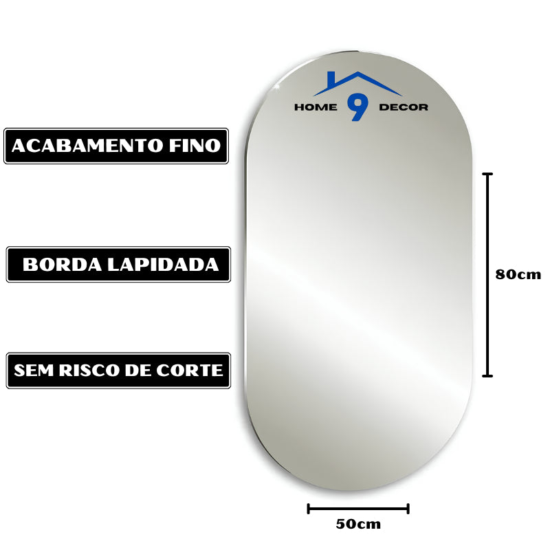 Espelho Oval Adesivo de Parede 80x50cm – Design Moderno para Banheiro, Sala ou Quarto | Envio Imediato